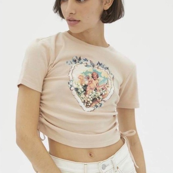 Urban outfitters angel cherub heart ruched t-shirt tee crop top beige neutral L - Picture 8 of 9